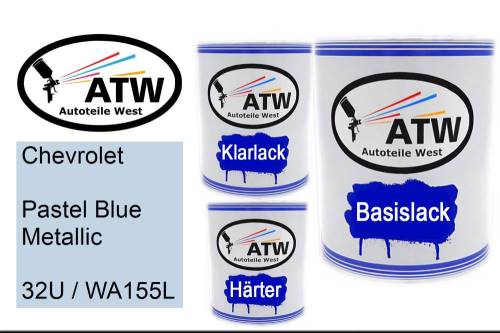 Chevrolet, Pastel Blue Metallic, 32U / WA155L: 1L Lackdose + 1L Klarlack + 500ml Härter - Set, von ATW Autoteile West.